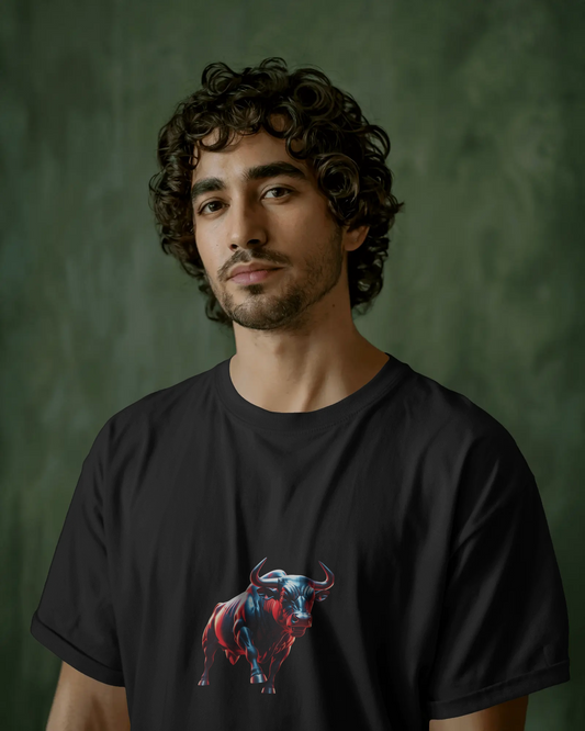 Earth & Thread | Dynamic Bull 100% Cotton Regular Fit T-Shirt - Premium 180 GSM Abstract Animal Graphic