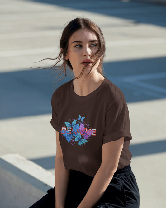Earth & Thread | Believe Butterflies 100% Cotton Regular Fit T-Shirt - Premium 180 GSM Inspirational Nature Graphic Tee