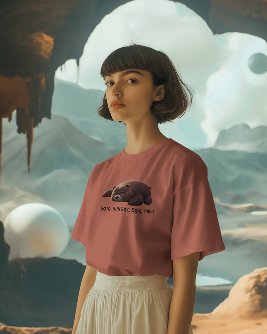 Earth & Thread | 50% Hungry 50% Tired Bear 100% Cotton Regular Fit T-Shirt - Premium 180 GSM Humorous Graphic