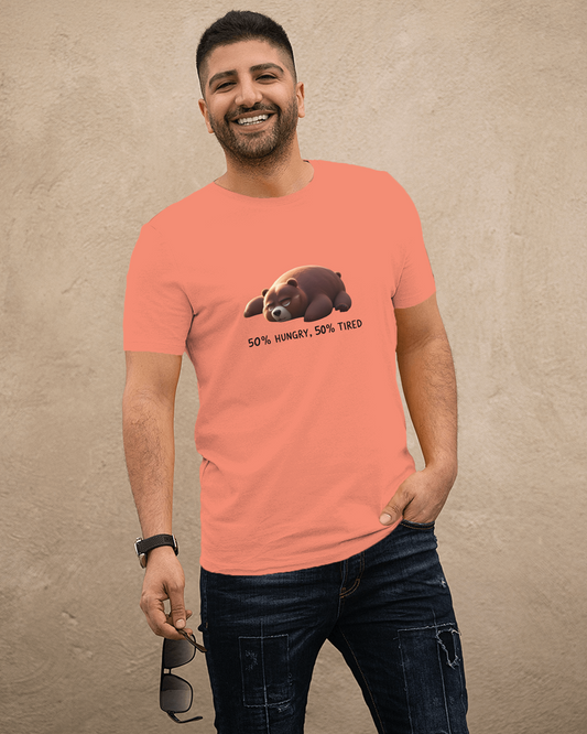 Earth & Thread | 50% Hungry 50% Tired Bear 100% Cotton Regular Fit T-Shirt - Premium 180 GSM Humorous Graphic