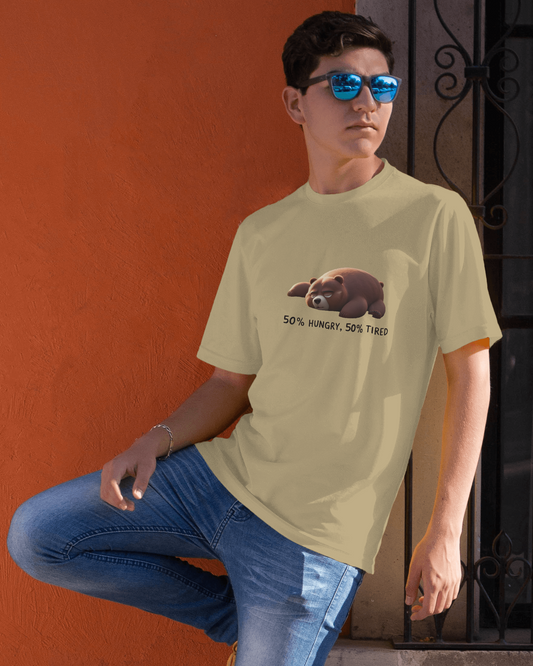 Earth & Thread | 50% Hungry 50% Tired Bear 100% Cotton Regular Fit T-Shirt - Premium 180 GSM Humorous Graphic