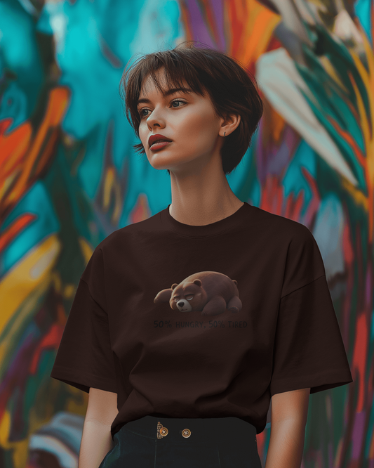 Earth & Thread | 50% Hungry 50% Tired Bear 100% Cotton Regular Fit T-Shirt - Premium 180 GSM Humorous Graphic