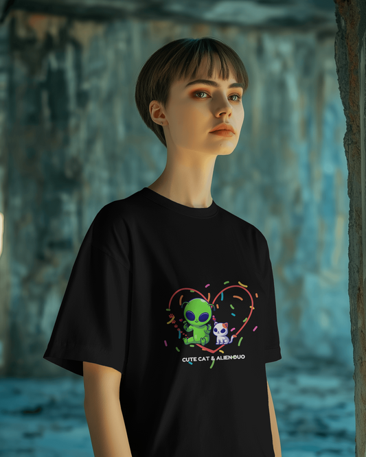 Alien & Cat Friendship in Oversized Comfort – Cute Tee
