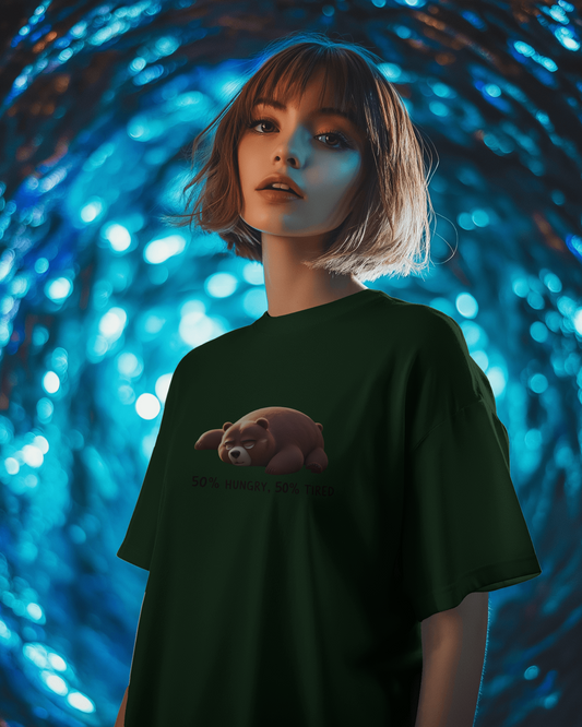 Earth & Thread | 50% Hungry 50% Tired Bear 100% Cotton Regular Fit T-Shirt - Premium 180 GSM Humorous Graphic