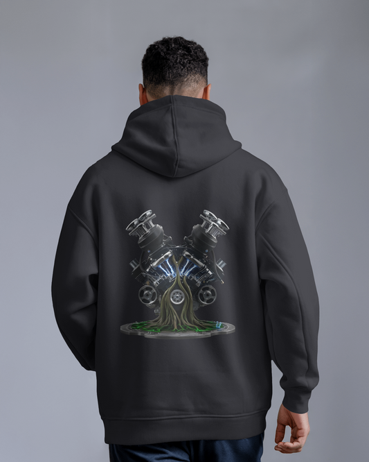 Earth & Thread | Biomechanical Engine Tree Oversized Hoodie - Premium 350 GSM Ultra-Smooth Fleece Back Print