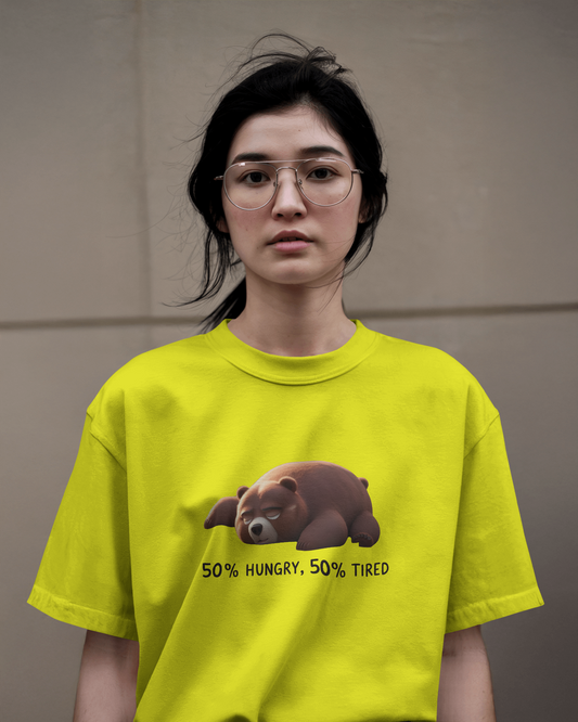 Earth & Thread | 50% Hungry 50% Tired Bear 100% Cotton Regular Fit T-Shirt - Premium 180 GSM Humorous Graphic