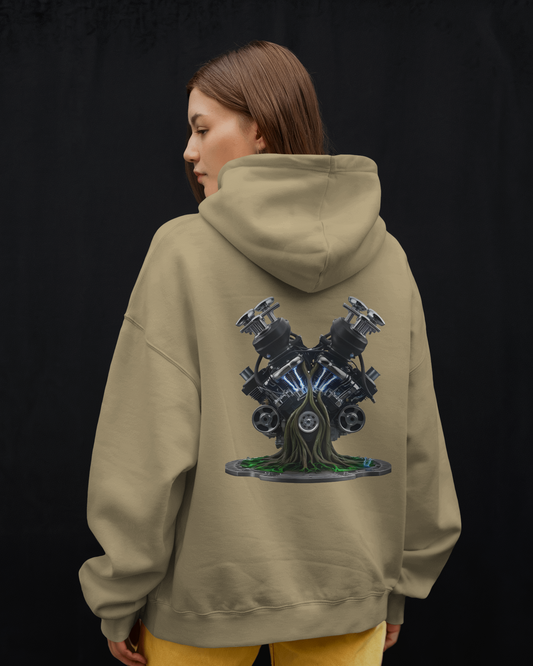 Earth & Thread | Biomechanical Engine Tree Oversized Hoodie - Premium 350 GSM Ultra-Smooth Fleece Back Print