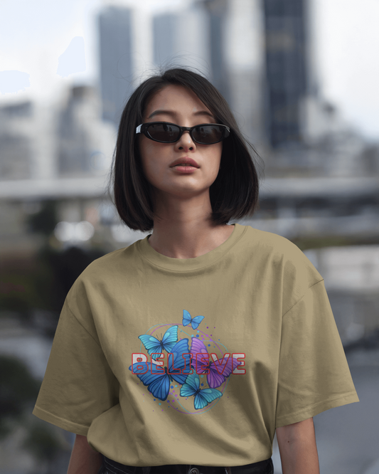 Earth & Thread | Believe Butterflies 100% Cotton Regular Fit T-Shirt - Premium 180 GSM Inspirational Nature Graphic Tee