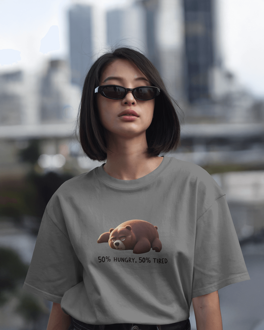 Earth & Thread | 50% Hungry 50% Tired Bear 100% Cotton Regular Fit T-Shirt - Premium 180 GSM Humorous Graphic