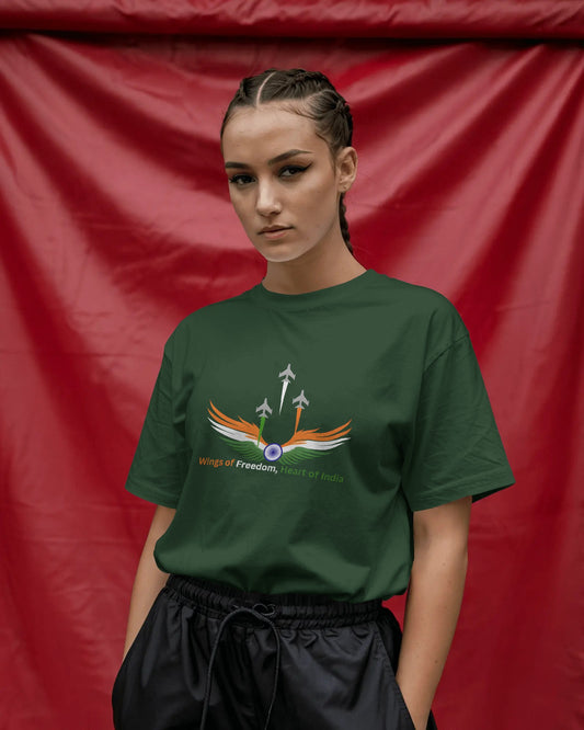 Earth & Thread | Wings of Freedom, Heart of India 100% Cotton Regular Fit T-Shirt - Premium 180 GSM Patriotic Aviation Graphic Tee