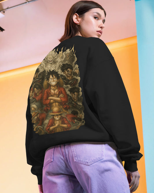 Earth & Thread Unisex Luffy Anime Sweatshirt – Gear Forms Evolution Design | Cotton Fleece Pullover | Winter Wear | 350 GSM | Anime Graphic Hoodie Style