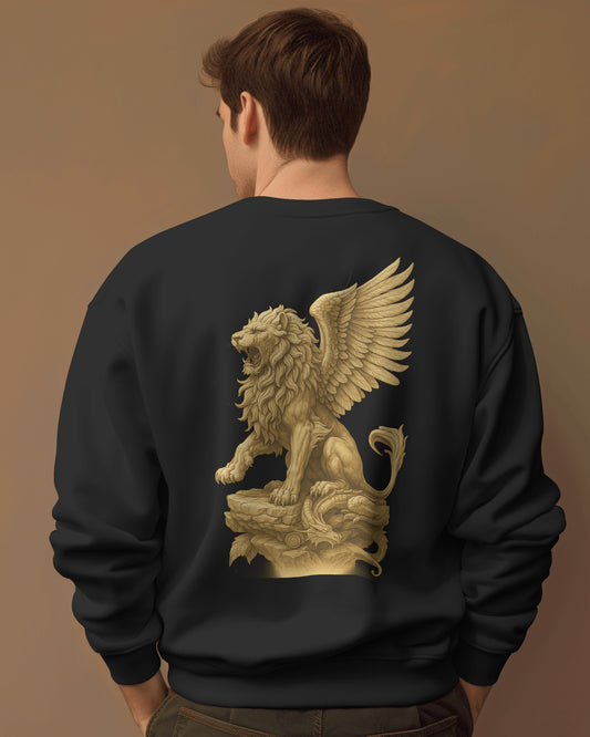 Earth & Thread Unisex Mythical Lion Graphic Oversized Sweatshirt | 350 GSM Cotton Fleece Pullover | Winter Streetwear for Men & Women | Premium Printed Crew Neck