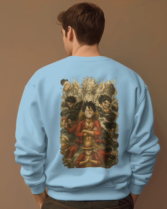 Earth & Thread Unisex Luffy Anime Sweatshirt – Gear Forms Evolution Design | Cotton Fleece Pullover | Winter Wear | 350 GSM | Anime Graphic Hoodie Style