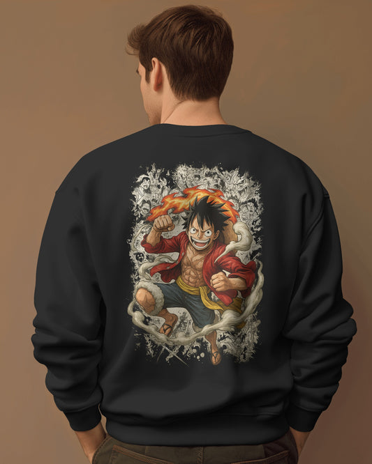 Earth & Thread Unisex One Piece Anime Sweatshirt – Luffy Graphic Oversized Cotton Fleece Pullover | Winter Streetwear for Men & Women