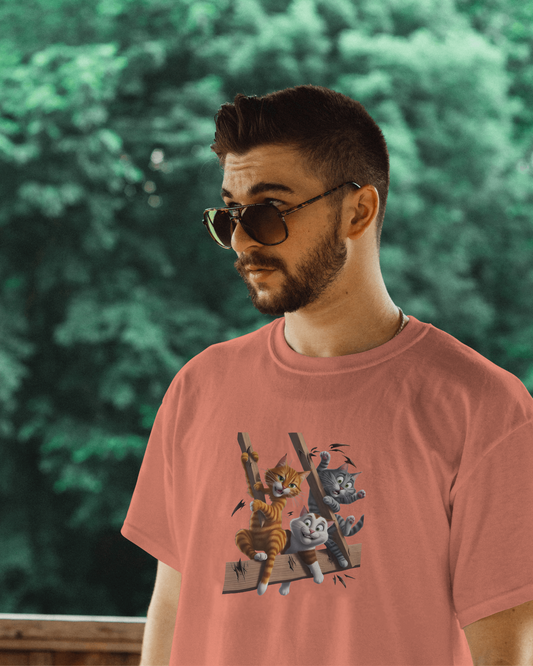 Earth & Thread | Escaping Cats 100% Cotton Regular Fit T-Shirt - Premium 180 GSM Playful Feline Graphic